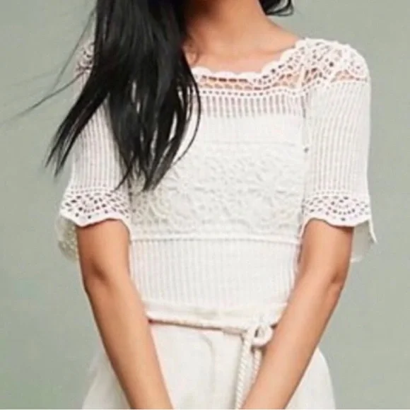ANTHROPOLOGIE JAMES COVIELLO White Lace Crochet Sheer Short Sleeve Top medium - Picture 2 of 9